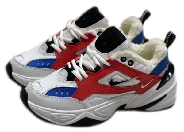 Зимние Nike m2k tekno с мехом белые с красным и синим кожаные женские (35-39)